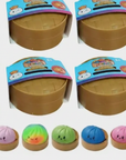 Squishy Steam Bunz OMG Mystery dumpling collage showing 4 mystery boxes and 4 colour variants on white background