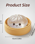 Glitter squishy dumpling product size chart showing 5cm height and 10cm x 10cm width and depth in bamboo steamer
