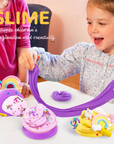 Child stretching purple butter slime during sensory play