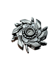 Metallic gear or clutch mechanism on a white background
