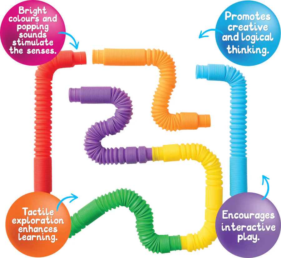 Colorful coiled tubes with text highlighting their educational benefits on a white background