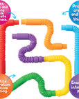 Colorful coiled tubes with text highlighting their educational benefits on a white background