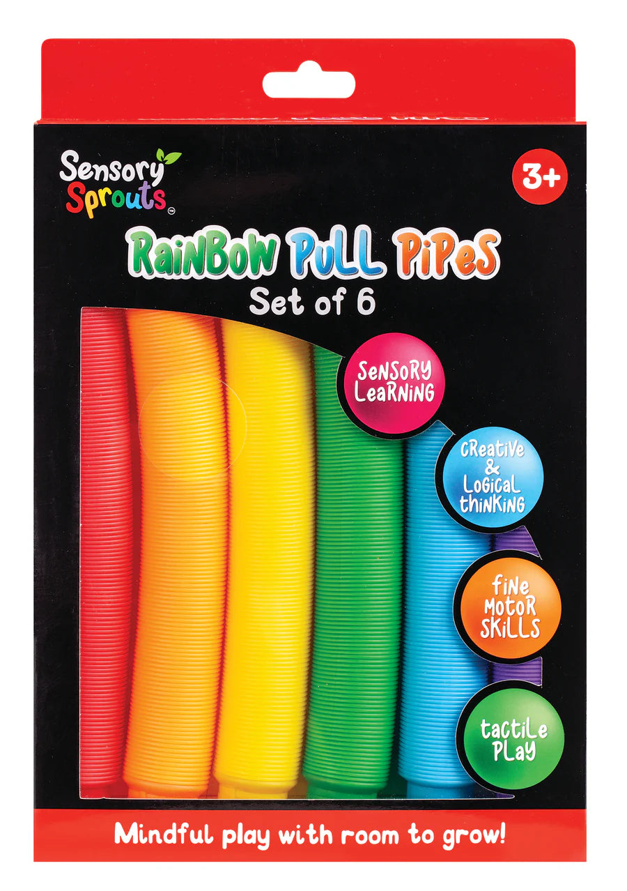 Packaging of Sensory Sprouts Rainbow Pull Pipes set with colorful pipes inside.