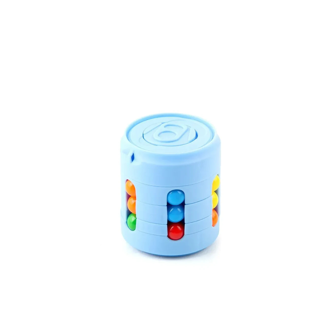 Blue cylindrical fidget spinner with colorful beads on a white background
