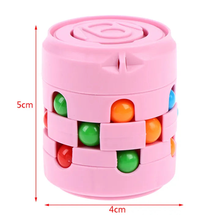 Pink cylindrical puzzle toy with colorful beads and measurements on a white background