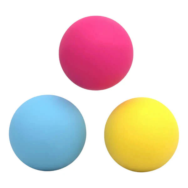 Three colorful balls (pink, blue, yellow) on a white background