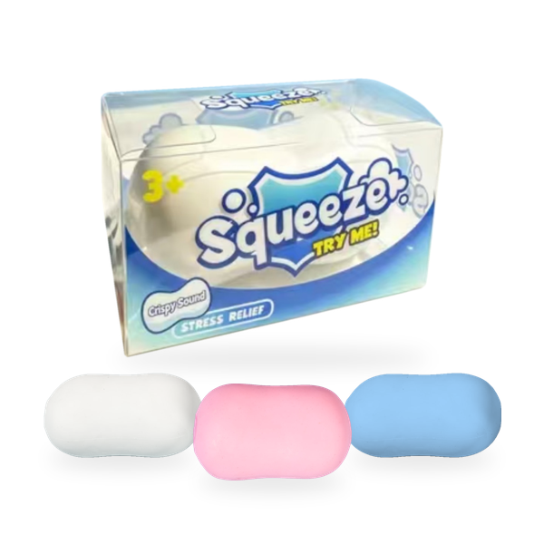 Crunchy Soap Squishy – white, pink and blue. Three colours with gift box.