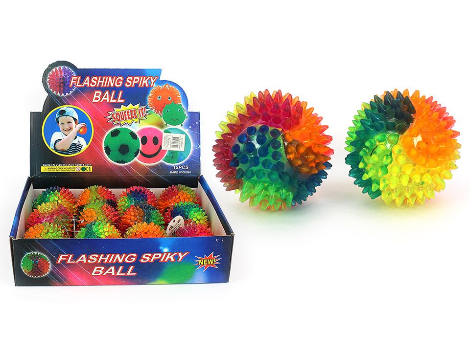 Colorful flashing spiky ball with packaging on a white background