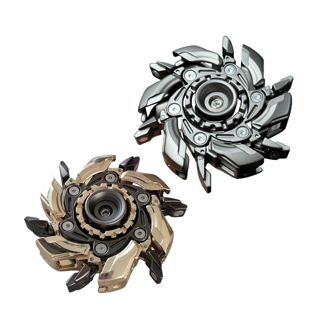 Two metallic fidget spinners on a white background