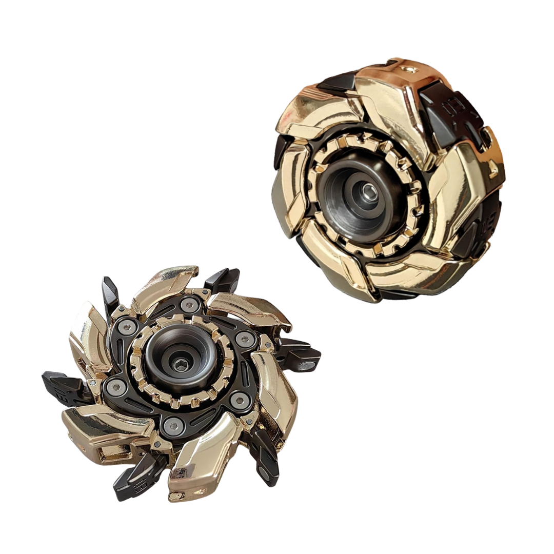 Two gold and black fidget spinners on a white background