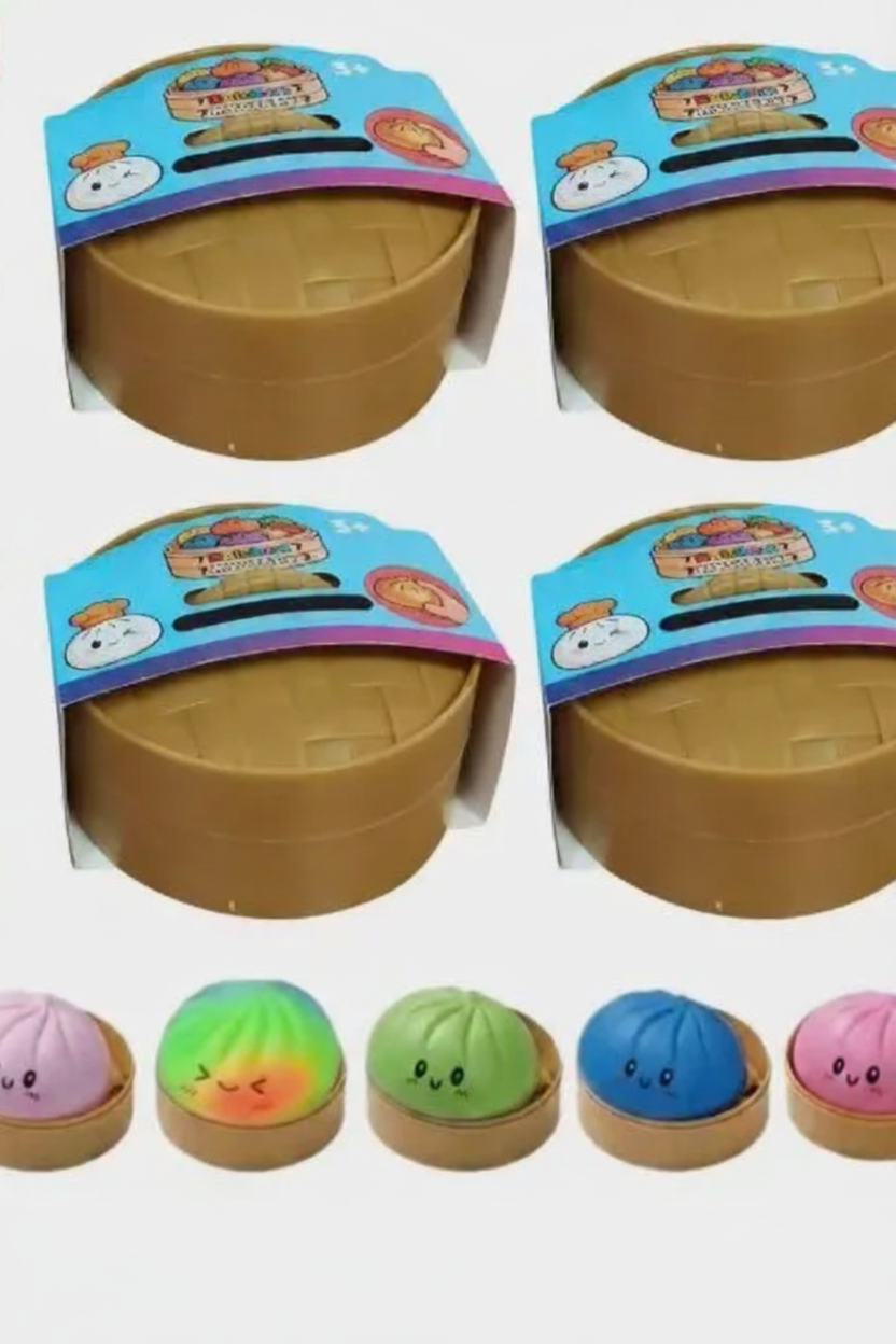 Squishy Steam Bunz OMG Mystery dumpling collage showing 4 mystery boxes and 4 colour variants on white background