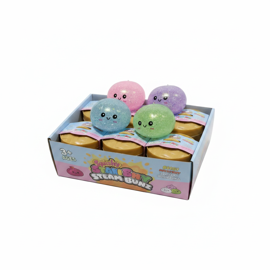 Squishy Steam Bunz display box with 6 mystery boxes and 4 glitter squishy dumplings in pink, purple, blue and green on white background