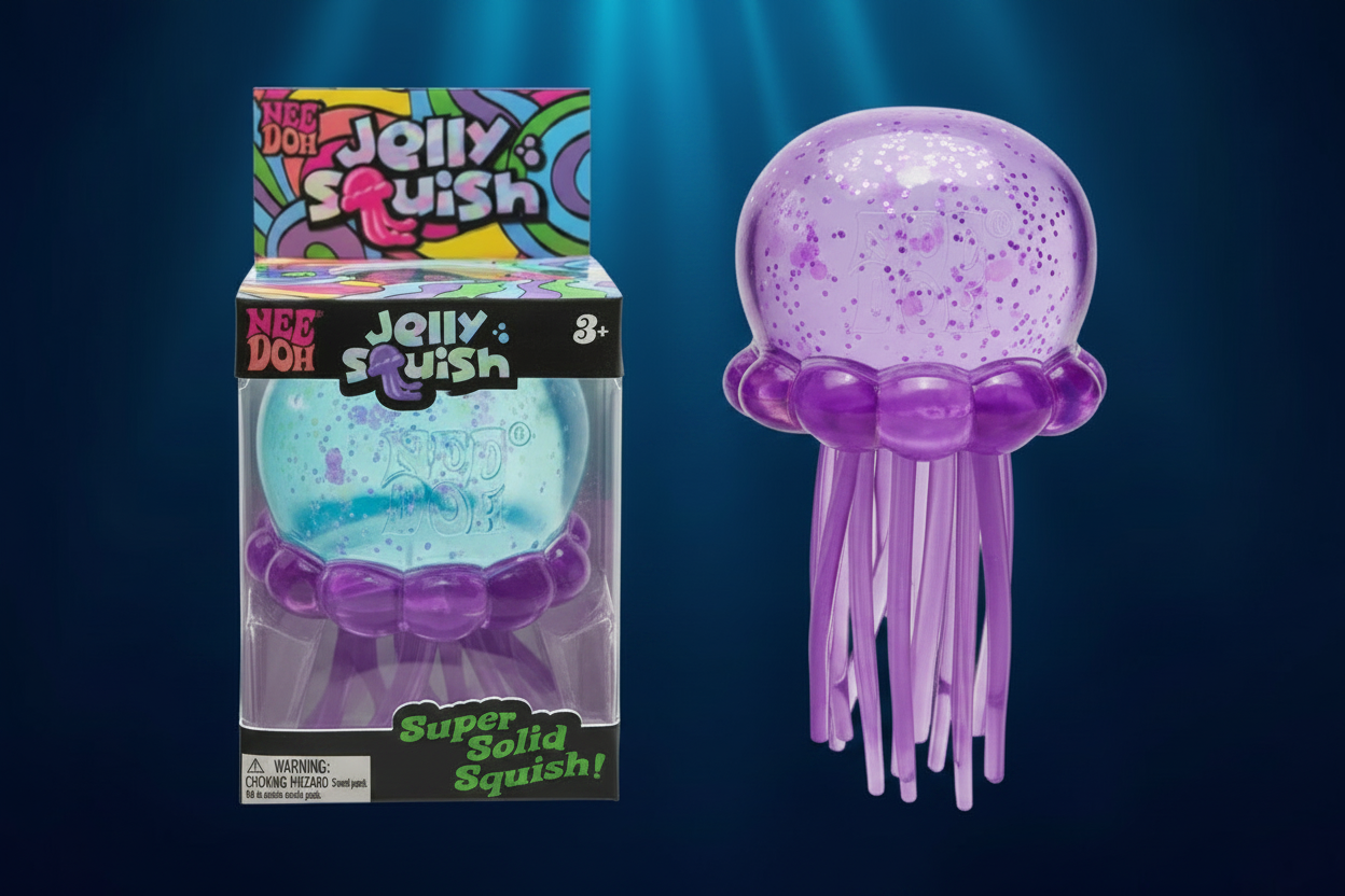 Nee Doh Jelly Squish purple glitter jellyfish toy in packaging and out of packaging on deep navy ocean background
