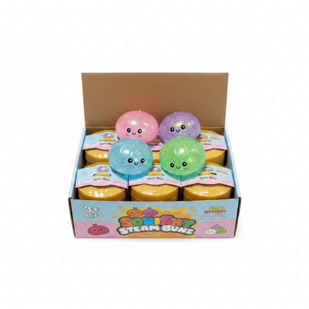 Squishy Steam Bunz glitter display box with 4 glitter squishy dumplings in pink, purple, blue and green on white background