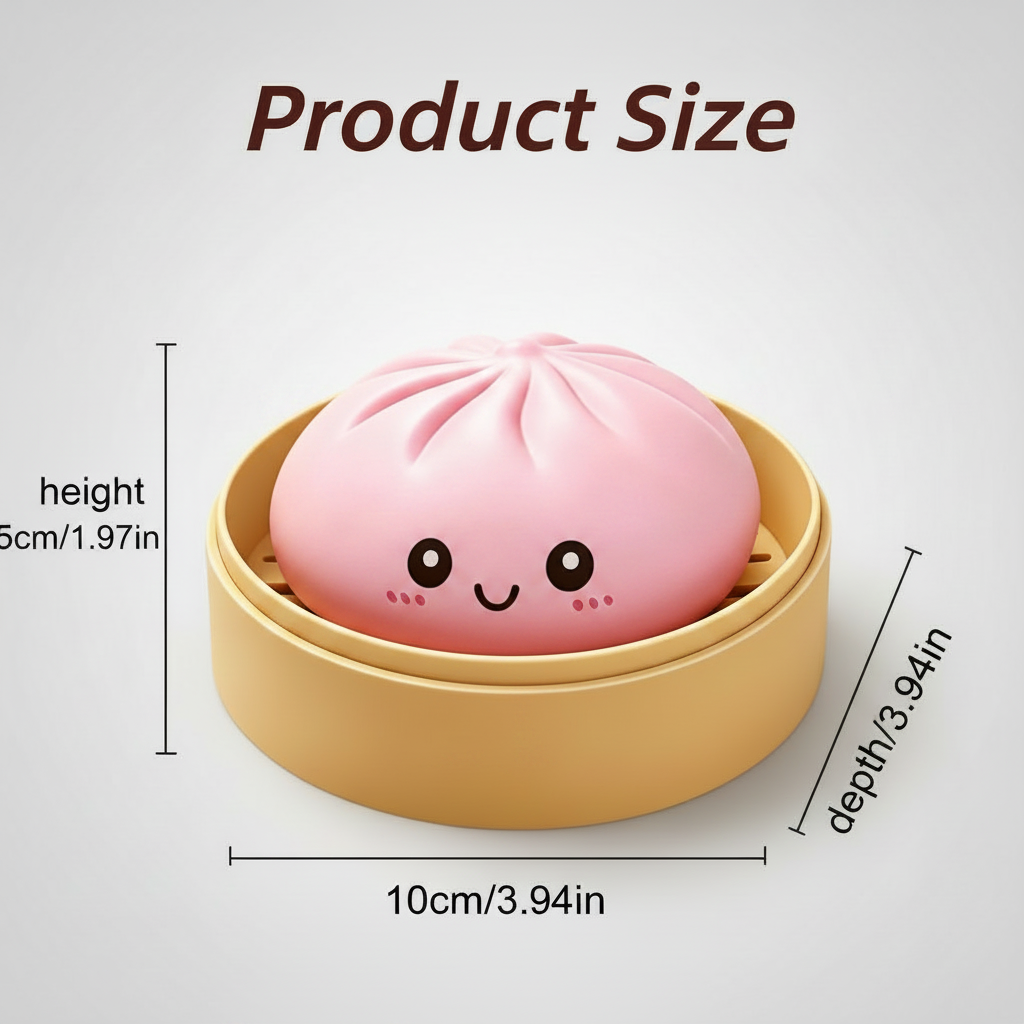 Plain pink squishy dumpling product size chart showing 5cm height and 10cm x 10cm width and depth in bamboo steamer