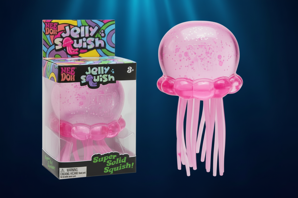 Nee Doh Jelly Squish pink glitter jellyfish toy in packaging and out of packaging on deep navy ocean background