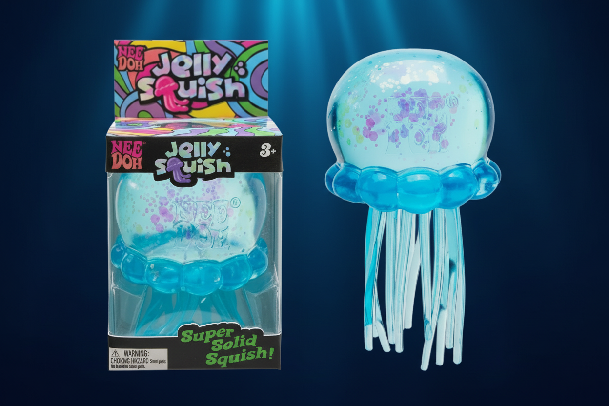 Nee Doh Jelly Squish toy in packaging and out of packaging on deep navy ocean background with light rays