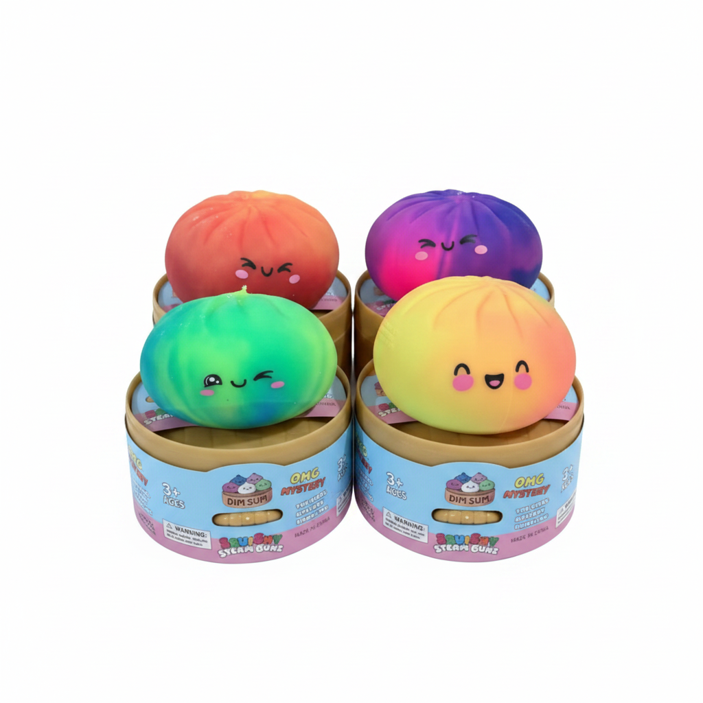 4 vibrant squishy dumpling fidget toys in red/orange, purple/pink, green and yellow/rainbow on white background with Squishy Steam Bunz packaging
