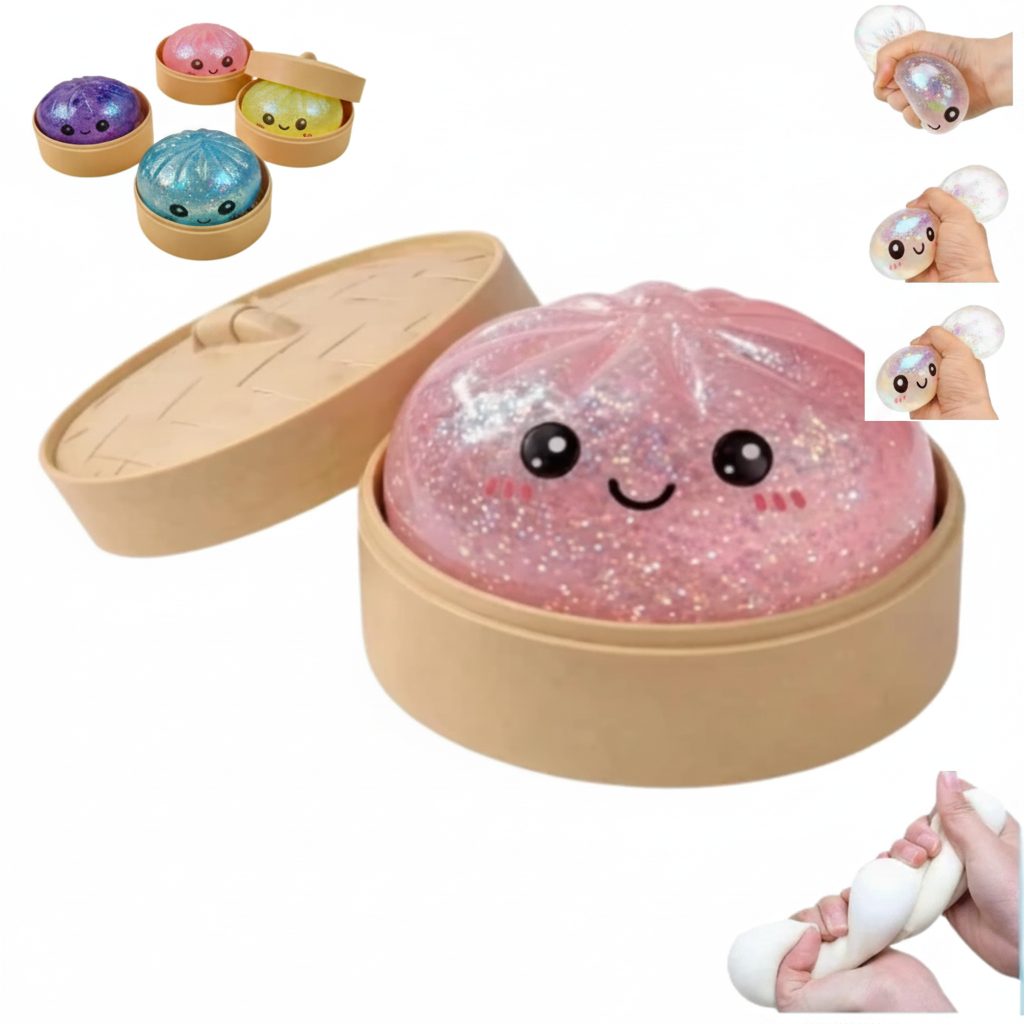 Glitter squishy dumpling fidget toy collage showing product in bamboo steamer, colour variants and hands squeezing toy