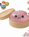 Glitter squishy dumpling fidget toy collage showing product in bamboo steamer, colour variants and hands squeezing toy