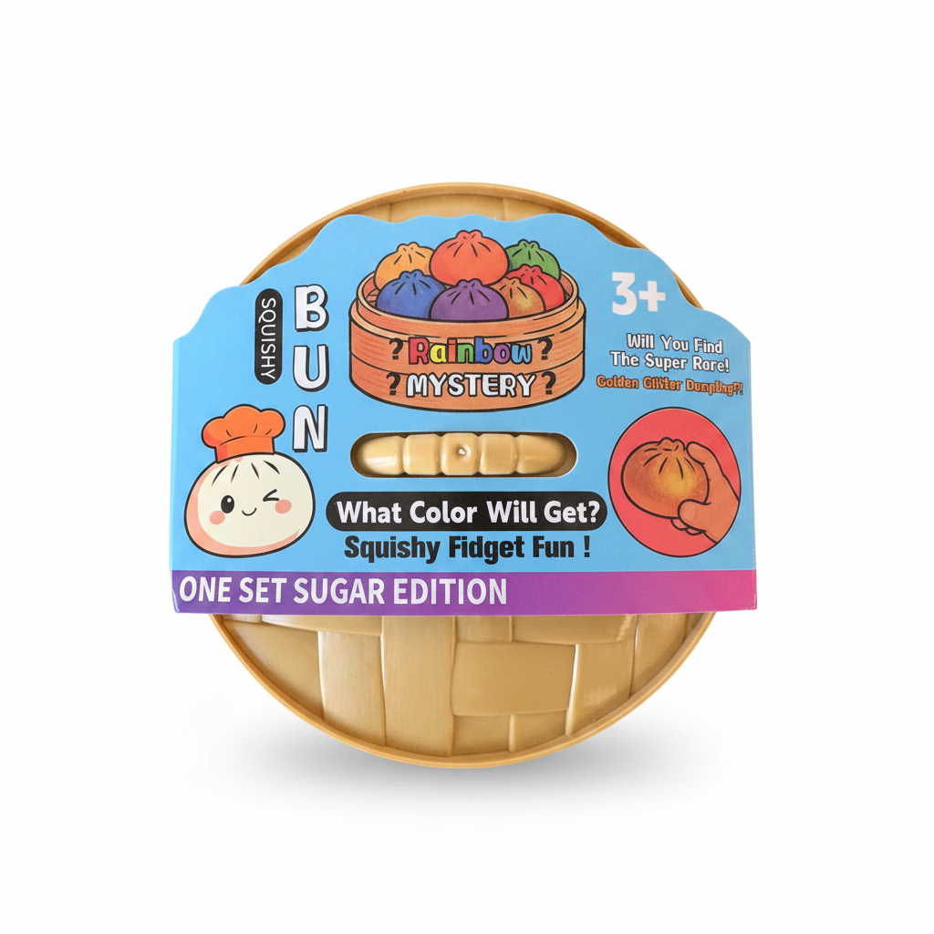 Squishy Bun Rainbow Mystery Box in bamboo steamer with white background