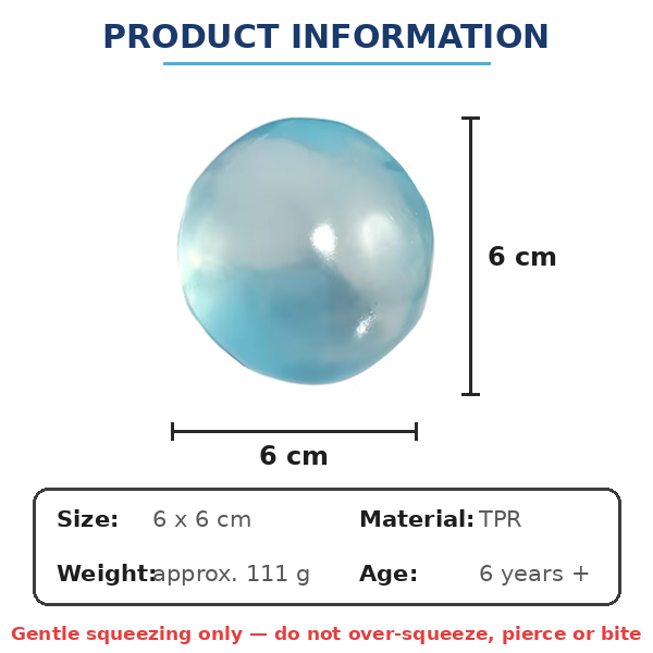 Product information graphic for a translucent light blue TPR ball, showing a 6 cm diameter with a black measurement bracket and a size box listing material as TPR and weight as approx. 111 g.
