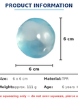 Product information graphic for a translucent light blue TPR ball, showing a 6 cm diameter with a black measurement bracket and a size box listing material as TPR and weight as approx. 111 g.