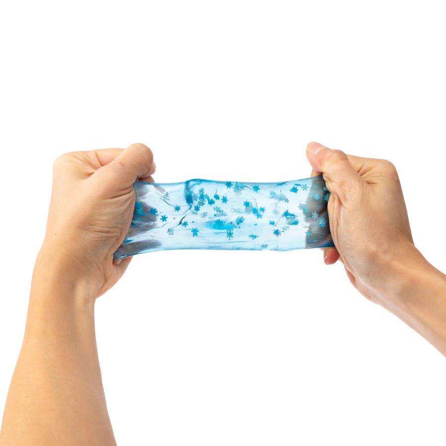 Hands stretching a blue and white textured band against a white background
