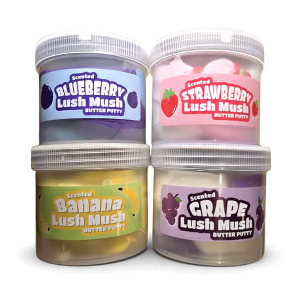 Four containers of 'Lush Mush' butter putty with colorful labels on a white background.