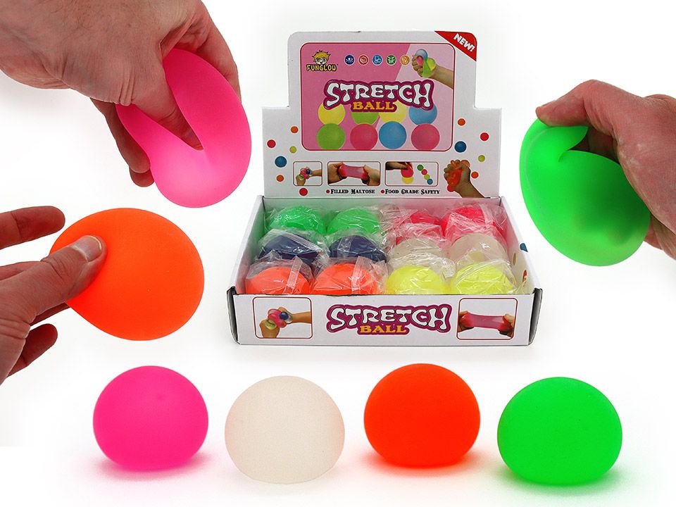 Colorful stretch balls with packaging labeled 'Stretch Ball' on a white background.