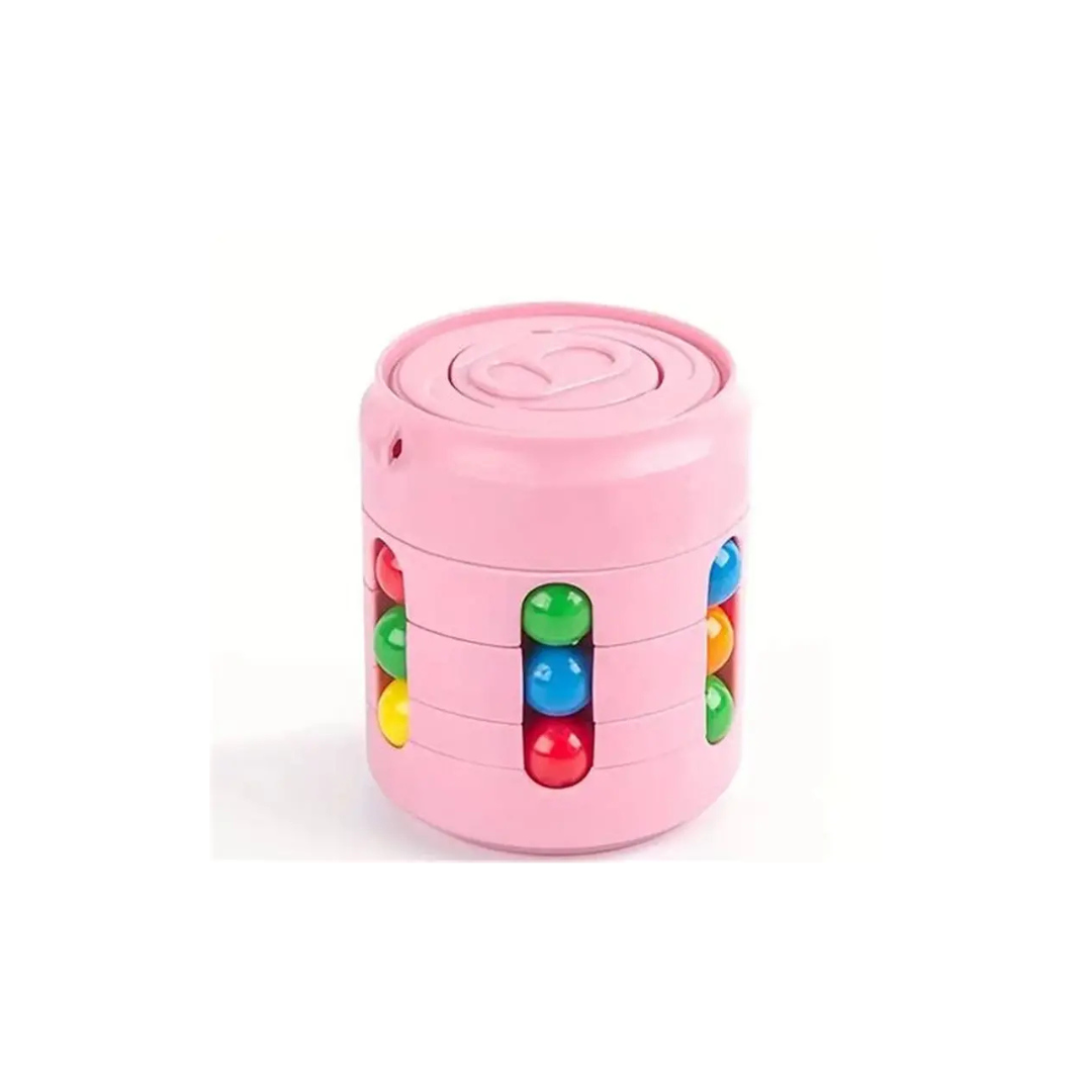 Pink cylindrical toy with colorful beads on a white background