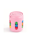 Pink cylindrical toy with colorful beads on a white background