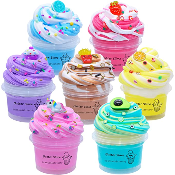 Butter slime decorated with charms and sprinkles in ice-cream swirls. Decorated images are for display only. Each jar contains 50ml of slime.