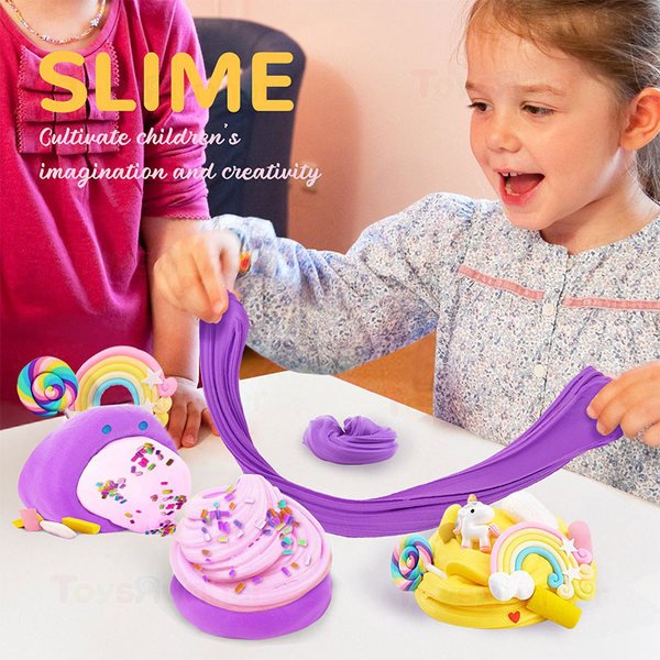 Child stretching purple butter slime during sensory play