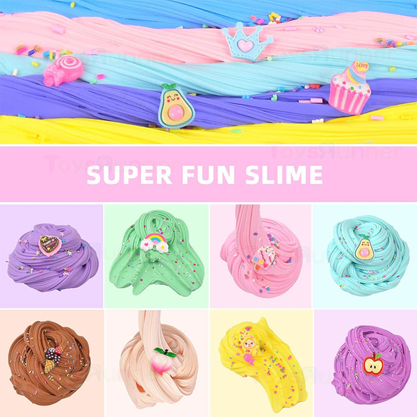 Nine colours of scented butter slime decorated with fruit charms