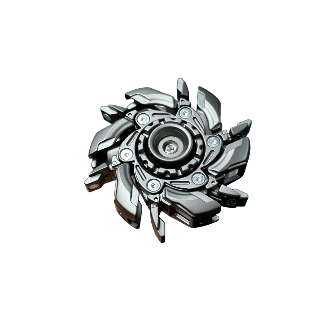 Metallic gear or clutch mechanism on a white background