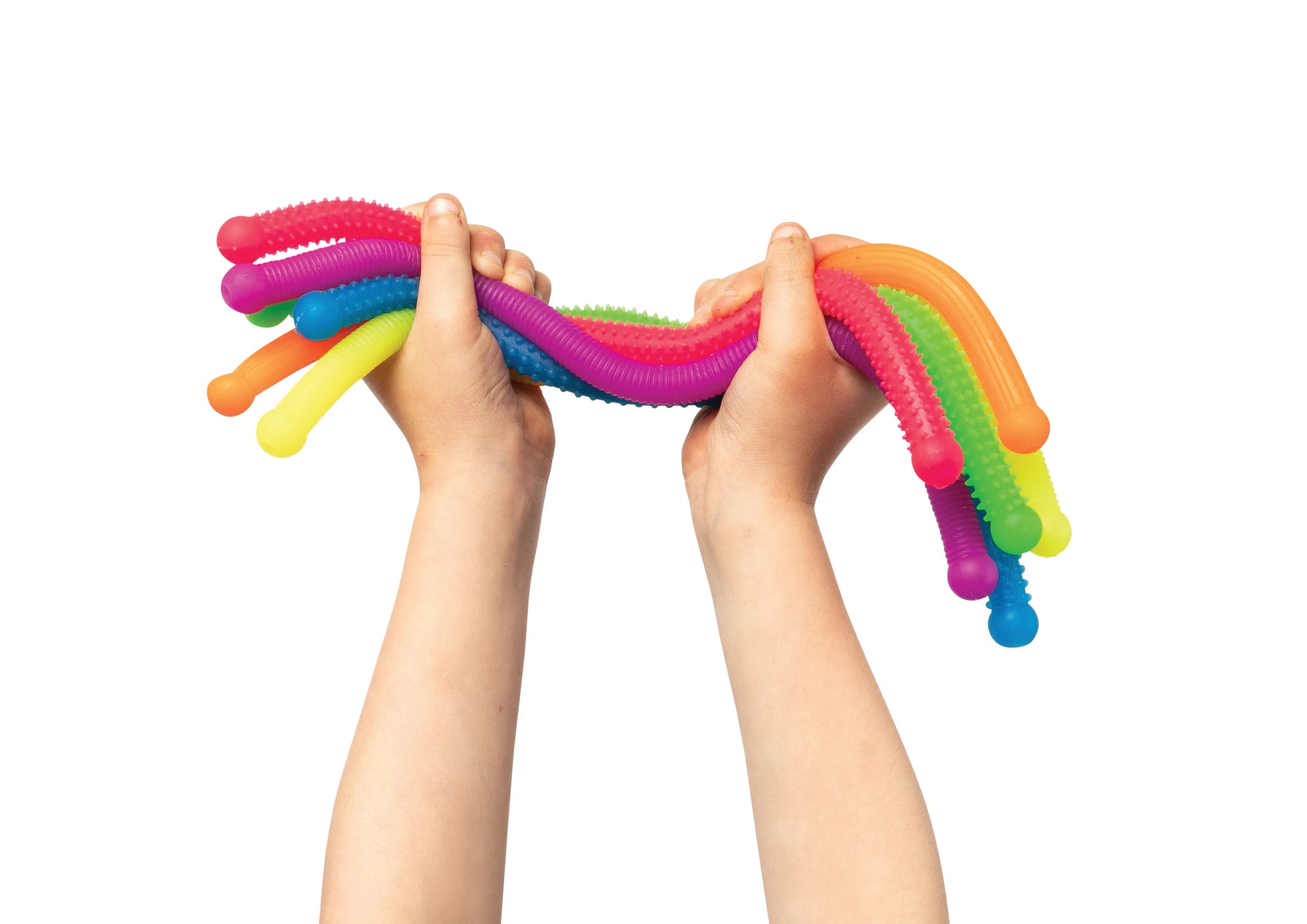 Colorful stretchy toy held by hands on a white background