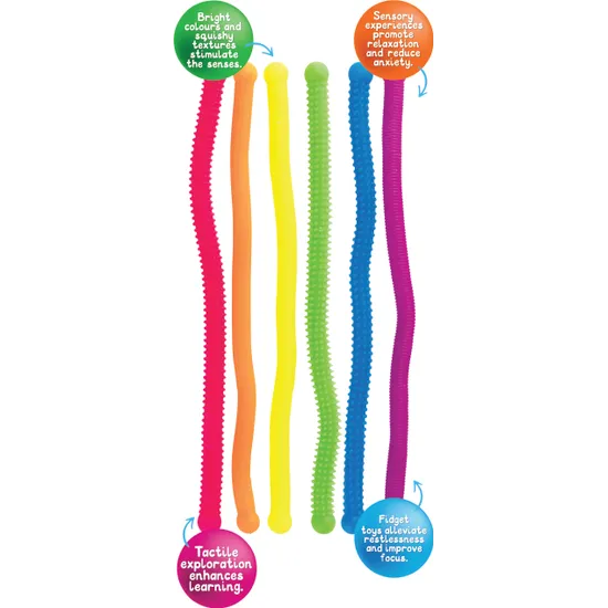 Set of colorful flexible noodles with text labels on a white background