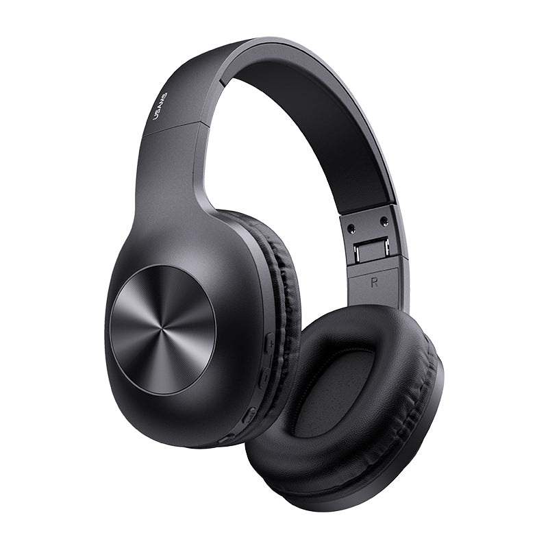 Black over-ear Bluetooth noise reduction headphones with a foldable design and soft ear cushions.